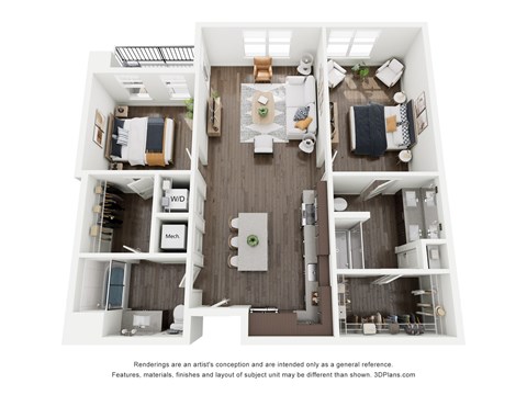 Floor plan for 2 beds, 2 baths, 1139 sqft